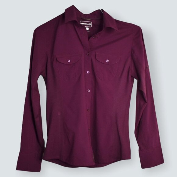 Merrell Shirt XS Womens Button Down Burgundy Polyester Opti Wick Pockets - Picture 1 of 10